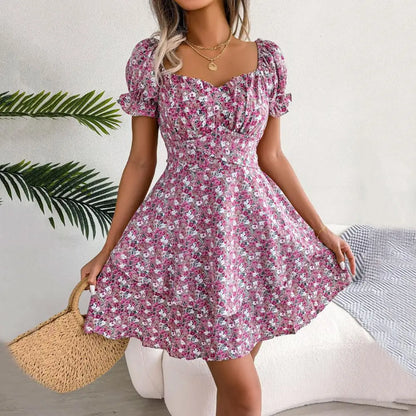 Women's Floral Print Dress | Elegant Square Neck Puff Sleeve Design-Mykonostore-Rotting-XS-Mykonostore