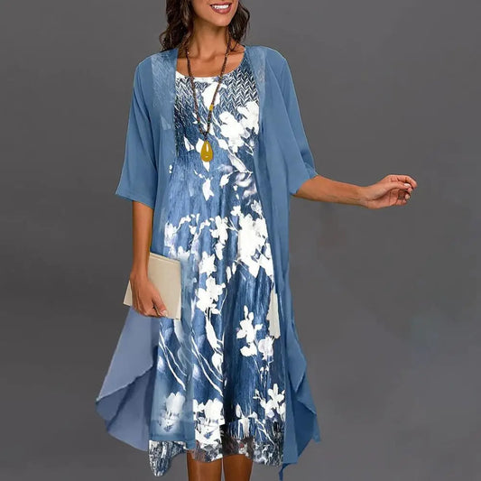 Women's Floral Print Three-Quarter Sleeve Dress | Elegant Classic Fit-Mykonostore-Blue-S-Mykonostore