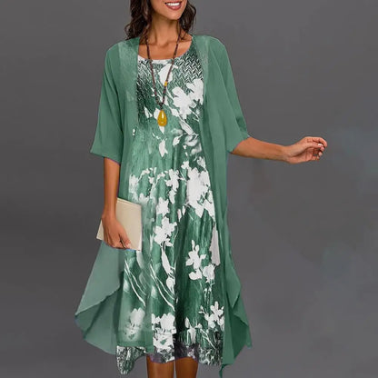 Women's Floral Print Three-Quarter Sleeve Dress | Elegant Classic Fit-Mykonostore-Green-S-Mykonostore