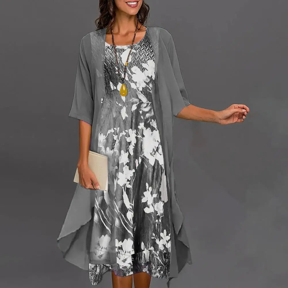 Women's Floral Print Three-Quarter Sleeve Dress | Elegant Classic Fit-Mykonostore-Silver-S-Mykonostore