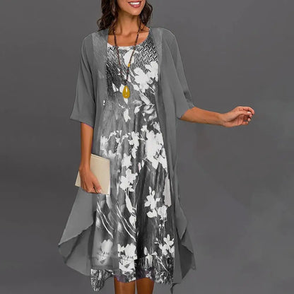 Women's Floral Print Three-Quarter Sleeve Dress | Elegant Classic Fit-Mykonostore-Silver-S-Mykonostore