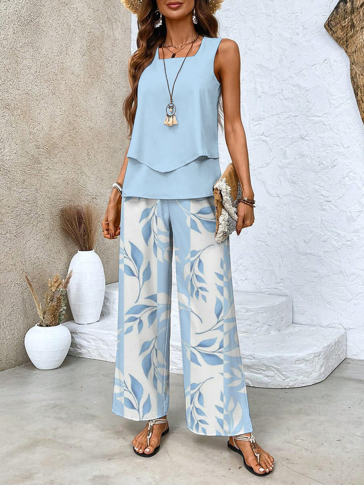 Women's Floral Print Two-Piece Summer Outfit | Relaxed Fit Top and Bottom-Mykonostore-Blue-S-Mykonostore