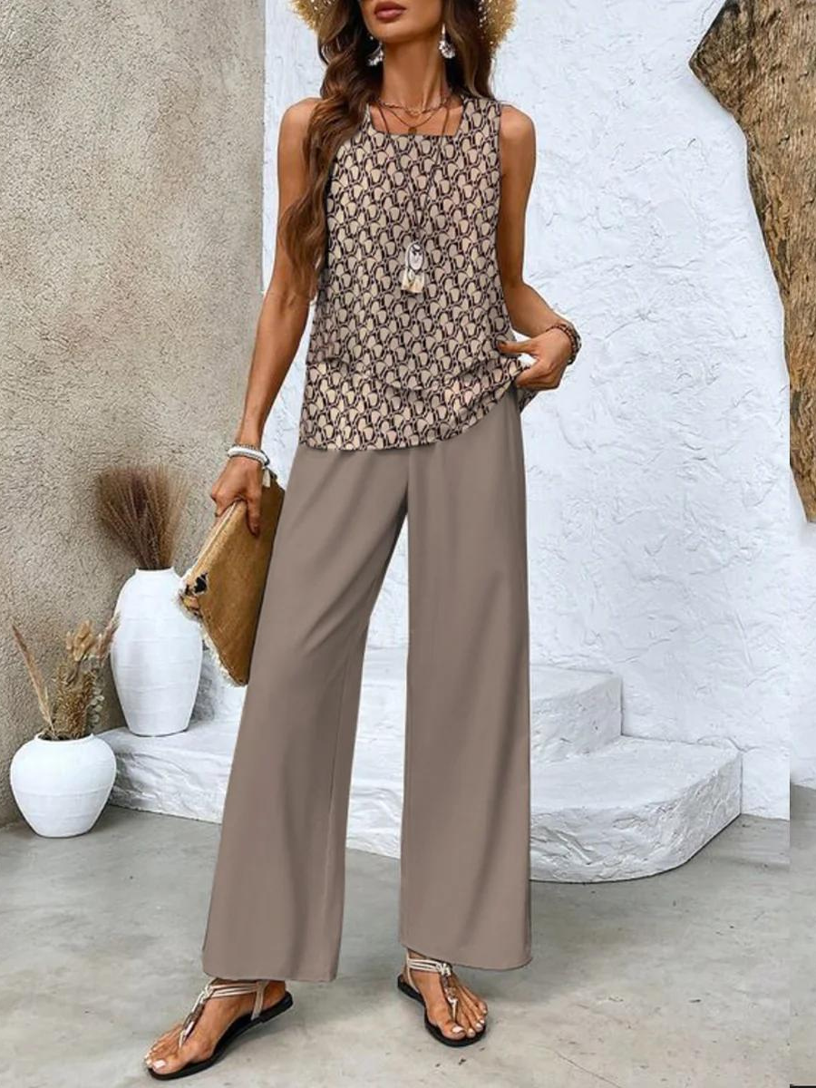 Women's Floral Print Two-Piece Summer Outfit | Relaxed Fit Top and Bottom-Mykonostore-Brown-S-Mykonostore