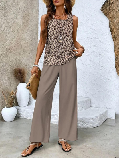 Women's Floral Print Two-Piece Summer Outfit | Relaxed Fit Top and Bottom-Mykonostore-Brown-S-Mykonostore
