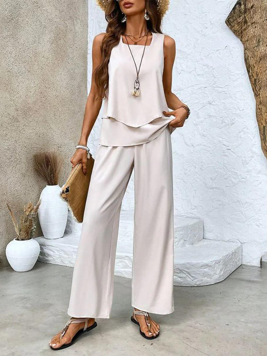Women's Floral Print Two-Piece Summer Outfit | Relaxed Fit Top and Bottom-Mykonostore-Khaki-S-Mykonostore