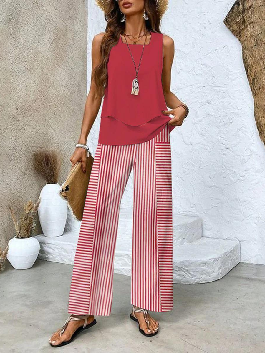 Women's Floral Print Two-Piece Summer Outfit | Relaxed Fit Top and Bottom-Mykonostore-Red-S-Mykonostore