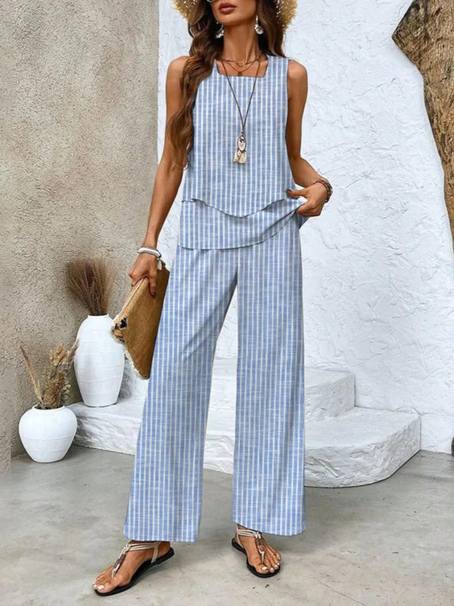 Women's Floral Print Two-Piece Summer Outfit | Relaxed Fit Top and Bottom-Mykonostore-Striped-S-Mykonostore