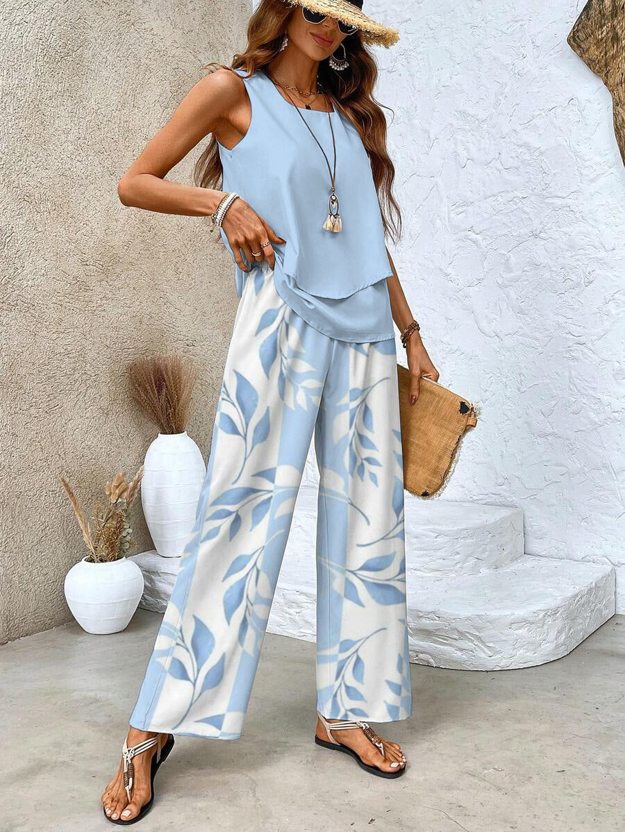 Women's Floral Print Two-Piece Summer Outfit | Relaxed Fit Top and Bottom-Mykonostore-Mykonostore