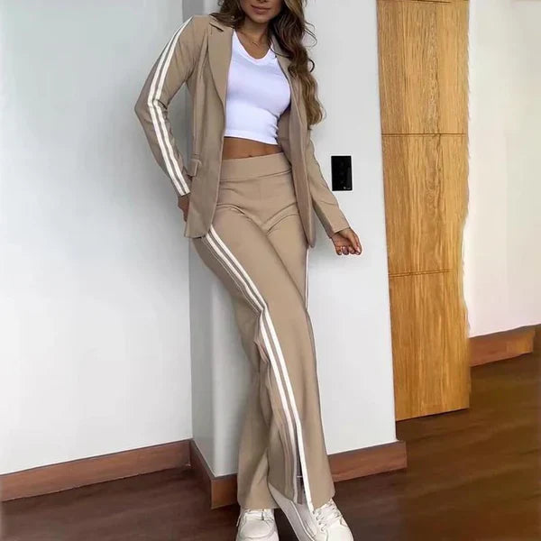 Women's High-Quality Fabric Loungewear Set | Sporty Casual Two Piece Blazer and Wide Leg Trousers-Activewear Sets-Mykonostore-Beige-S-Mykonostore