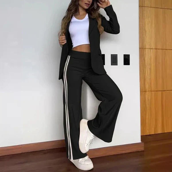 Women's High-Quality Fabric Loungewear Set | Sporty Casual Two Piece Blazer and Wide Leg Trousers-Activewear Sets-Mykonostore-Black-S-Mykonostore