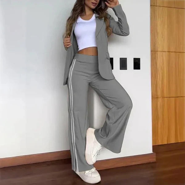 Women's High-Quality Fabric Loungewear Set | Sporty Casual Two Piece Blazer and Wide Leg Trousers-Activewear Sets-Mykonostore-Gray-S-Mykonostore
