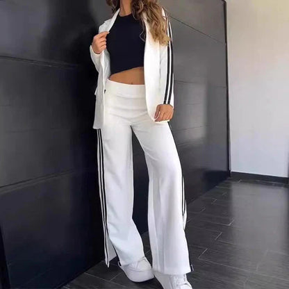 Women's High-Quality Fabric Loungewear Set | Sporty Casual Two Piece Blazer and Wide Leg Trousers-Activewear Sets-Mykonostore-White-S-Mykonostore