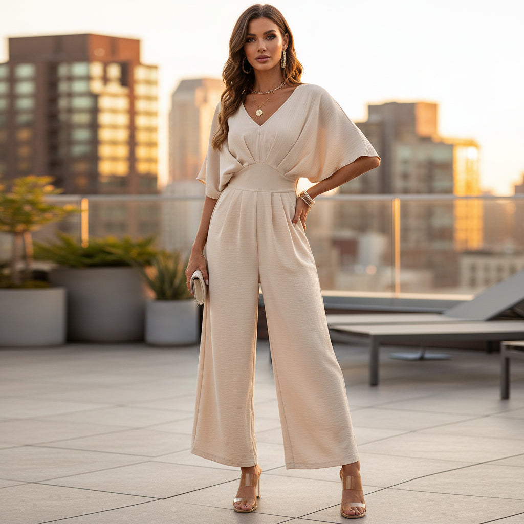 Women’s Jumpsuit | Elegant V-Neck, Wide Legs-Women’s Jumpsuits-Mykonostore-Apricot-S-Mykonostore