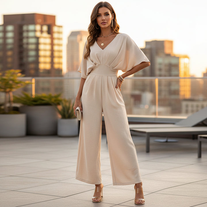 Women’s Jumpsuit | Elegant V-Neck, Wide Legs-Women’s Jumpsuits-Mykonostore-Apricot-S-Mykonostore