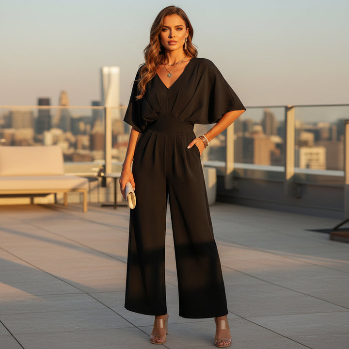 Women’s Jumpsuit | Elegant V-Neck, Wide Legs-Women’s Jumpsuits-Mykonostore-Black-S-Mykonostore