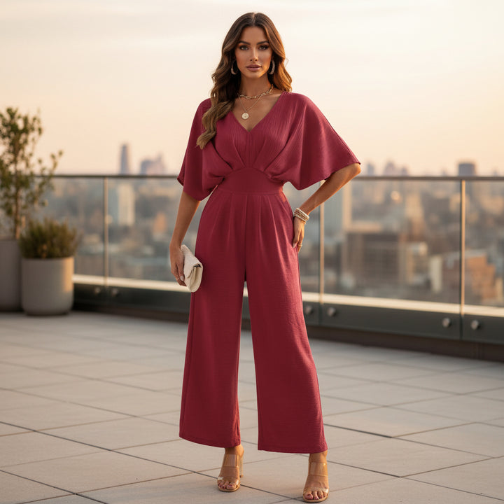 Women’s Jumpsuit | Elegant V-Neck, Wide Legs-Women’s Jumpsuits-Mykonostore-Burgundy-S-Mykonostore