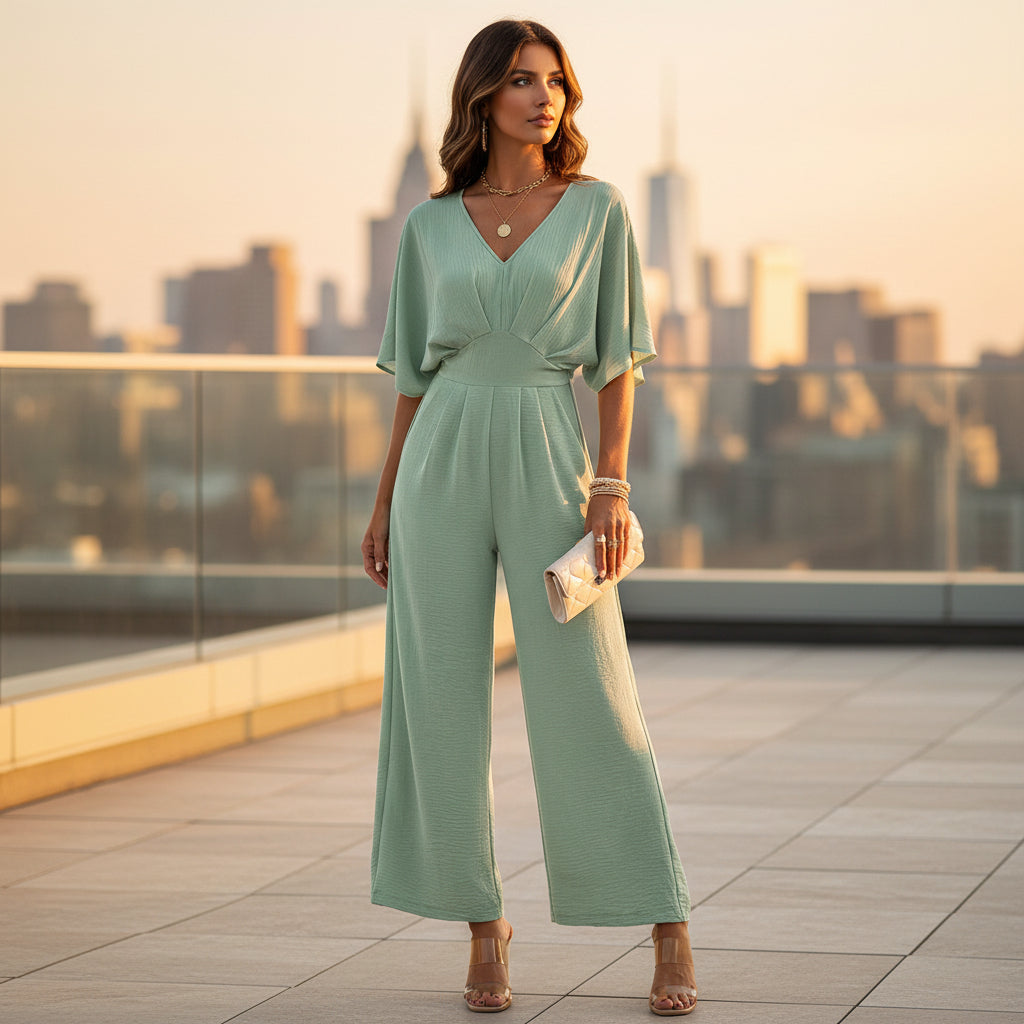 Women’s Jumpsuit | Elegant V-Neck, Wide Legs-Women’s Jumpsuits-Mykonostore-Green-S-Mykonostore