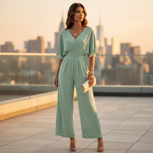 Women’s Jumpsuit | Elegant V-Neck, Wide Legs-Women’s Jumpsuits-Mykonostore-Green-S-Mykonostore