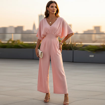 Women’s Jumpsuit | Elegant V-Neck, Wide Legs-Women’s Jumpsuits-Mykonostore-Pink-S-Mykonostore