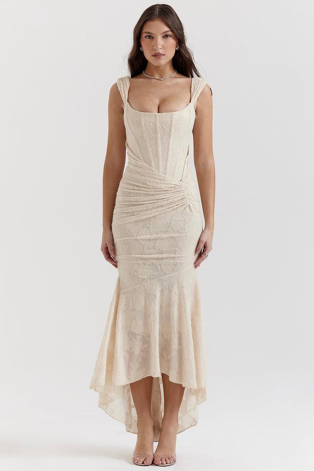 Women's Lightweight Floral Midi Dress | Elegant Flowing Summer Outfit-Mykonostore-Beige-S-Mykonostore