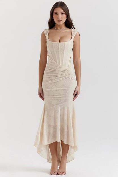 Women's Lightweight Floral Midi Dress | Elegant Flowing Summer Outfit-Mykonostore-Beige-S-Mykonostore