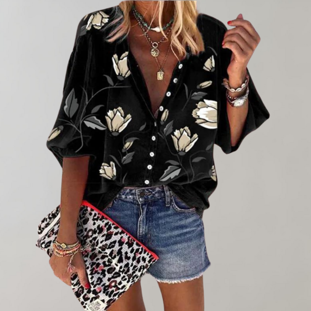Women's Lightweight Floral Print Blouse | Stylish Short Sleeve Summer Top-Mykonostore-Black-S-Mykonostore