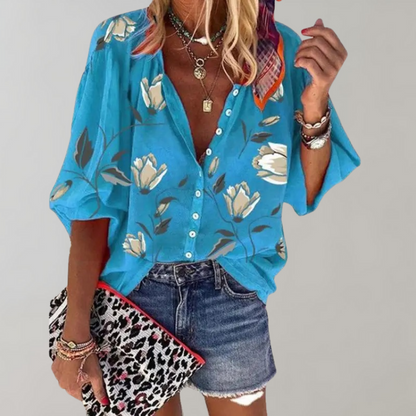 Women's Lightweight Floral Print Blouse | Stylish Short Sleeve Summer Top-Mykonostore-Blue-S-Mykonostore