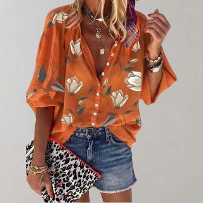 Women's Lightweight Floral Print Blouse | Stylish Short Sleeve Summer Top-Mykonostore-Orange-S-Mykonostore