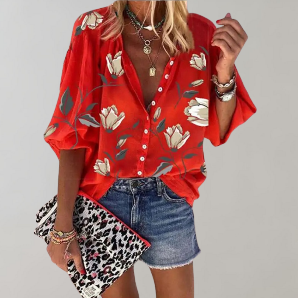 Women's Lightweight Floral Print Blouse | Stylish Short Sleeve Summer Top-Mykonostore-Red-S-Mykonostore