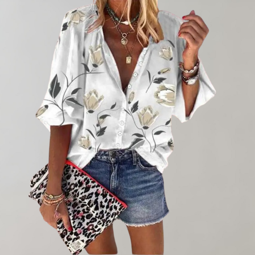 Women's Lightweight Floral Print Blouse | Stylish Short Sleeve Summer Top-Mykonostore-White-S-Mykonostore
