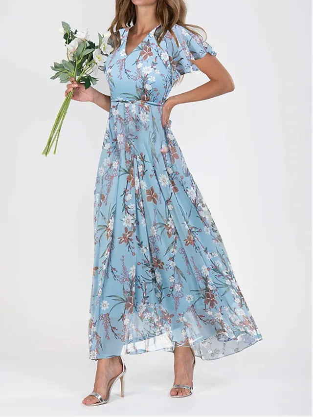 Women's Lightweight Floral Summer Dress | Elegant Ruffled Sleeve V-Neck Gown-Mykonostore-Blue-S-Mykonostore