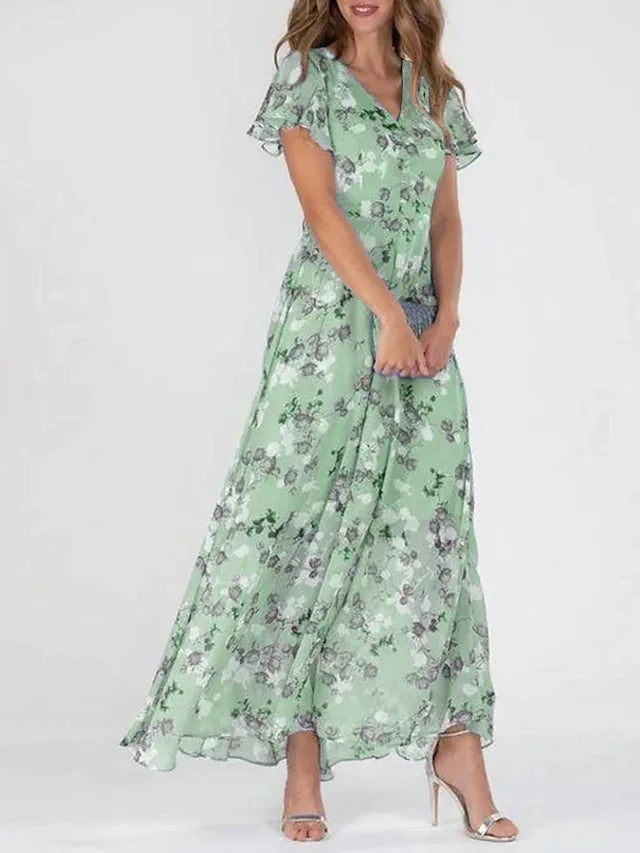 Women's Lightweight Floral Summer Dress | Elegant Ruffled Sleeve V-Neck Gown-Mykonostore-Green-S-Mykonostore