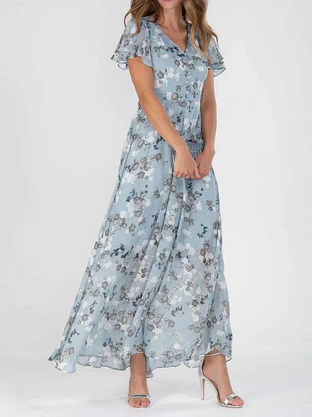 Women's Lightweight Floral Summer Dress | Elegant Ruffled Sleeve V-Neck Gown-Mykonostore-H Light Blue-S-Mykonostore