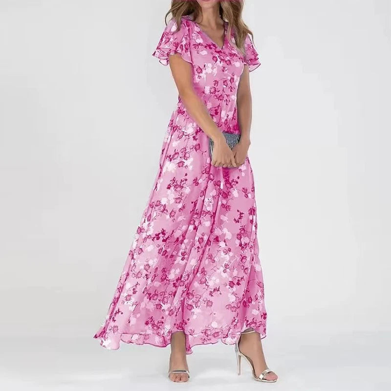 Women's Lightweight Floral Summer Dress | Elegant Ruffled Sleeve V-Neck Gown-Mykonostore-Light Pink-S-Mykonostore