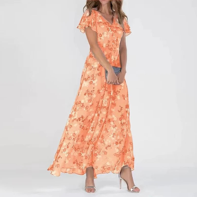 Women's Lightweight Floral Summer Dress | Elegant Ruffled Sleeve V-Neck Gown-Mykonostore-Orange-S-Mykonostore