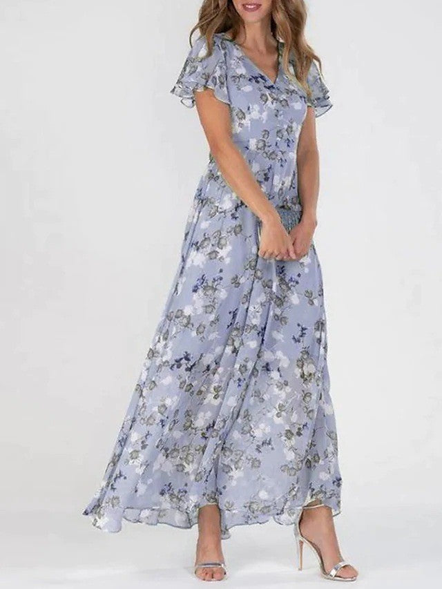 Women's Lightweight Floral Summer Dress | Elegant Ruffled Sleeve V-Neck Gown-Mykonostore-Purple-S-Mykonostore