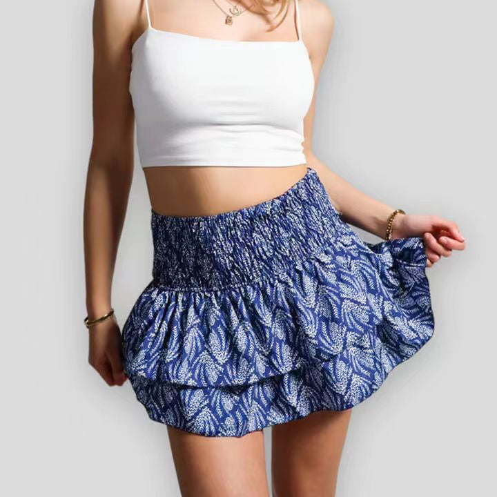 Women's Lightweight Mini Skirt with Integrated Shorts | Playful Summer Style-Mykonostore-Dark Blue Leaves-S-Mykonostore