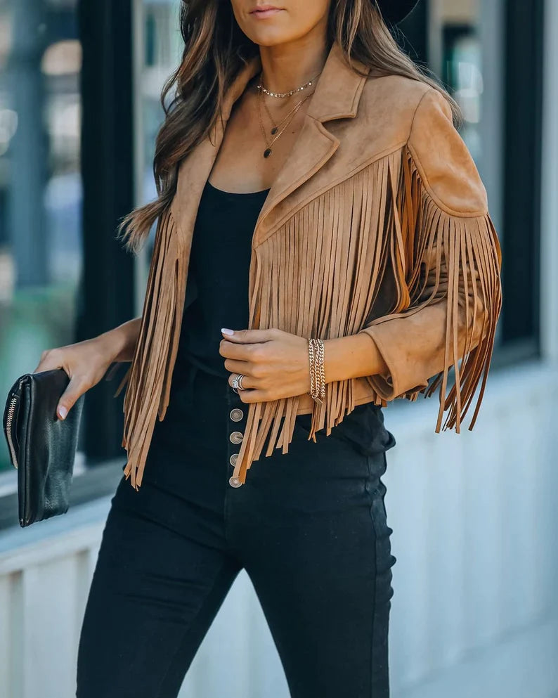 Women's Lightweight Polyester Fringed Jacket | Stylish Bohemian Casual Outerwear-Women's Jackets-Mykonostore-Mykonostore