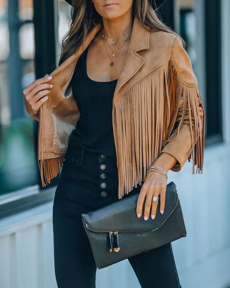 Women's Lightweight Polyester Fringed Jacket | Stylish Bohemian Casual Outerwear-Women's Jackets-Mykonostore-Mykonostore