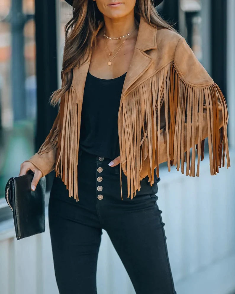 Women's Lightweight Polyester Fringed Jacket | Stylish Bohemian Casual Outerwear-Women's Jackets-Mykonostore-Mykonostore