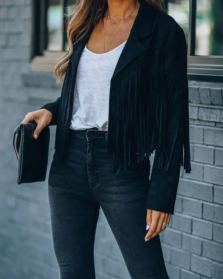 Women's Lightweight Polyester Fringed Jacket | Stylish Bohemian Casual Outerwear-Women's Jackets-Mykonostore-Black-S-Mykonostore
