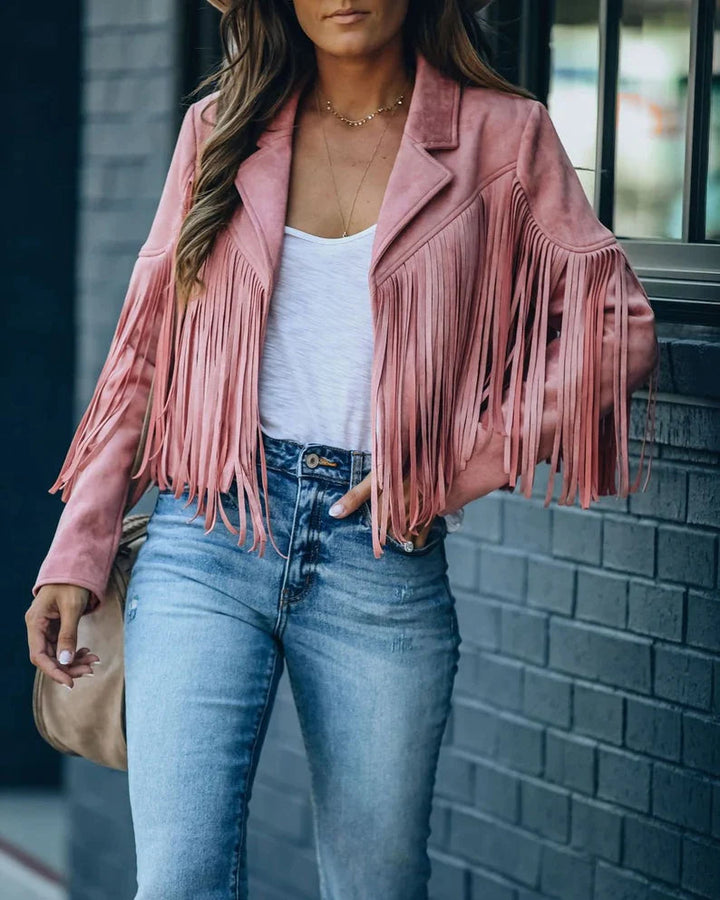 Women's Lightweight Polyester Fringed Jacket | Stylish Bohemian Casual Outerwear-Women's Jackets-Mykonostore-Pink-S-Mykonostore