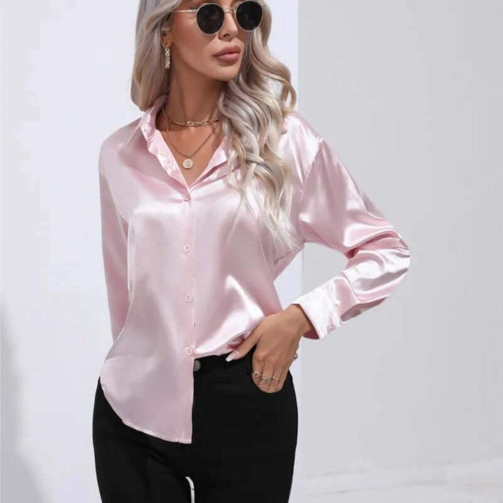 Women's Luxurious Satin Blouse | Elegant Loose Fit Long Sleeve Top-Blouses-Mykonostore-Mykonostore