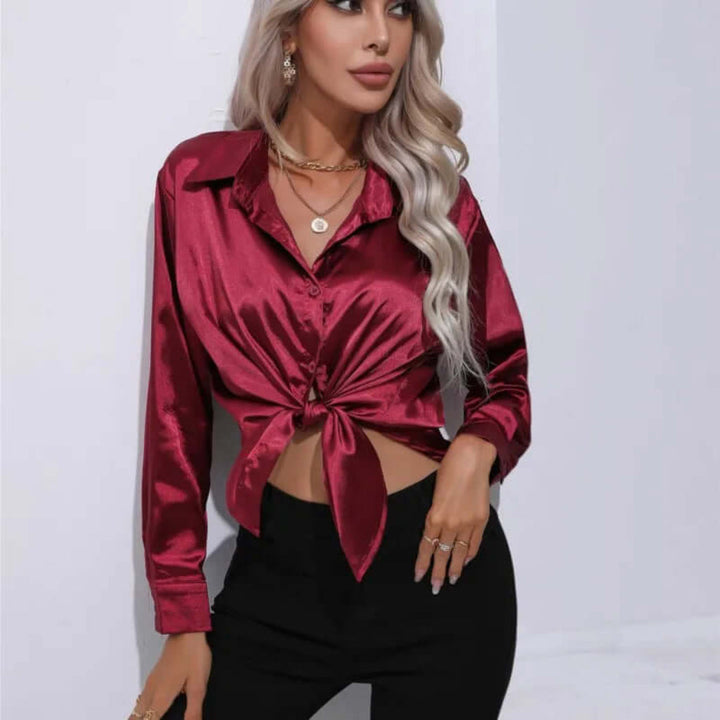 Women's Luxurious Satin Blouse | Elegant Loose Fit Long Sleeve Top-Blouses-Mykonostore-Mykonostore