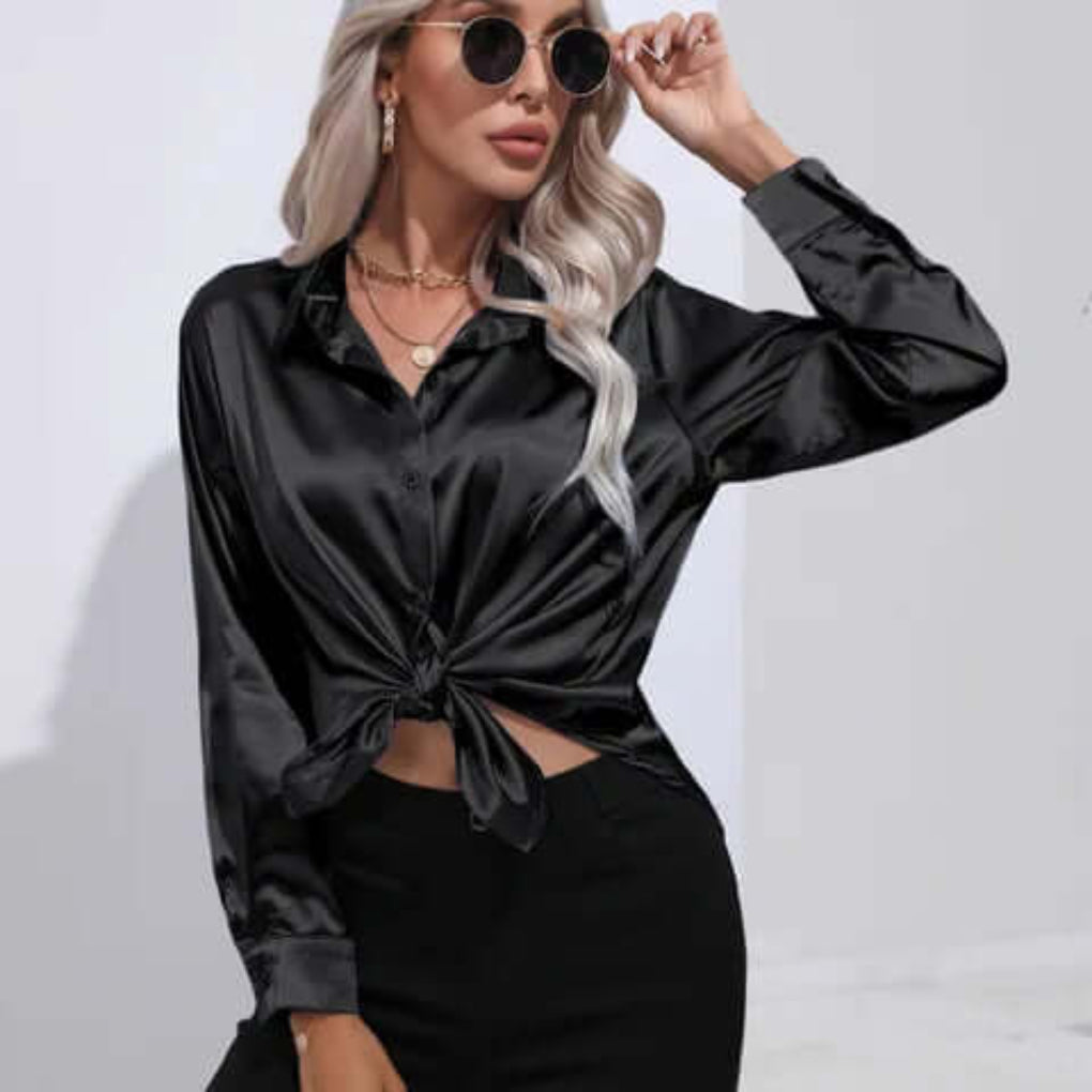 Women's Luxurious Satin Blouse | Elegant Loose Fit Long Sleeve Top-Blouses-Mykonostore-Black-S-Mykonostore