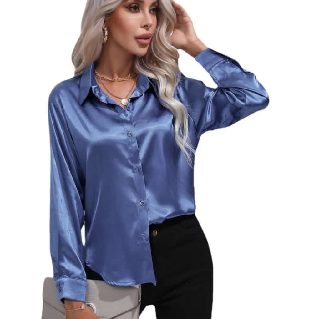 Women's Luxurious Satin Blouse | Elegant Loose Fit Long Sleeve Top-Blouses-Mykonostore-Blue-S-Mykonostore
