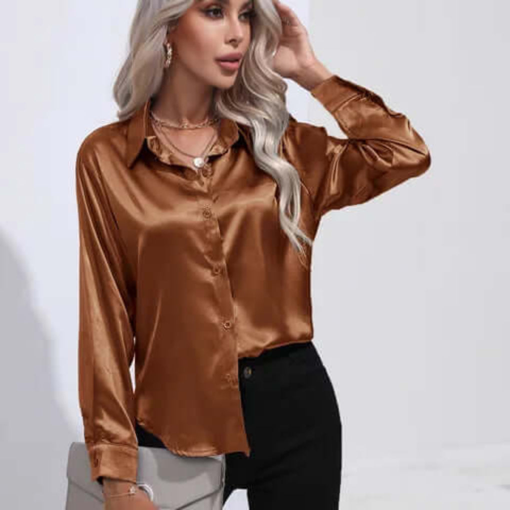 Women's Luxurious Satin Blouse | Elegant Loose Fit Long Sleeve Top-Blouses-Mykonostore-Brown-S-Mykonostore