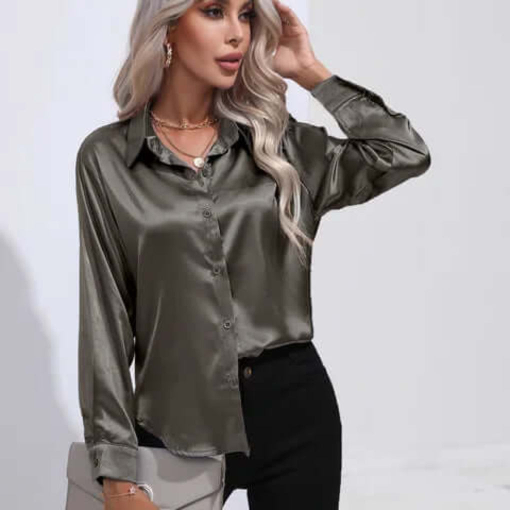 Women's Luxurious Satin Blouse | Elegant Loose Fit Long Sleeve Top-Blouses-Mykonostore-Dark Gray-S-Mykonostore