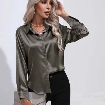 Women's Luxurious Satin Blouse | Elegant Loose Fit Long Sleeve Top-Blouses-Mykonostore-Dark Gray-S-Mykonostore