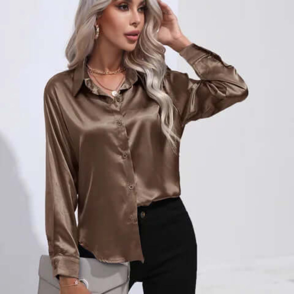 Women's Luxurious Satin Blouse | Elegant Loose Fit Long Sleeve Top-Blouses-Mykonostore-Dark Khaki-S-Mykonostore